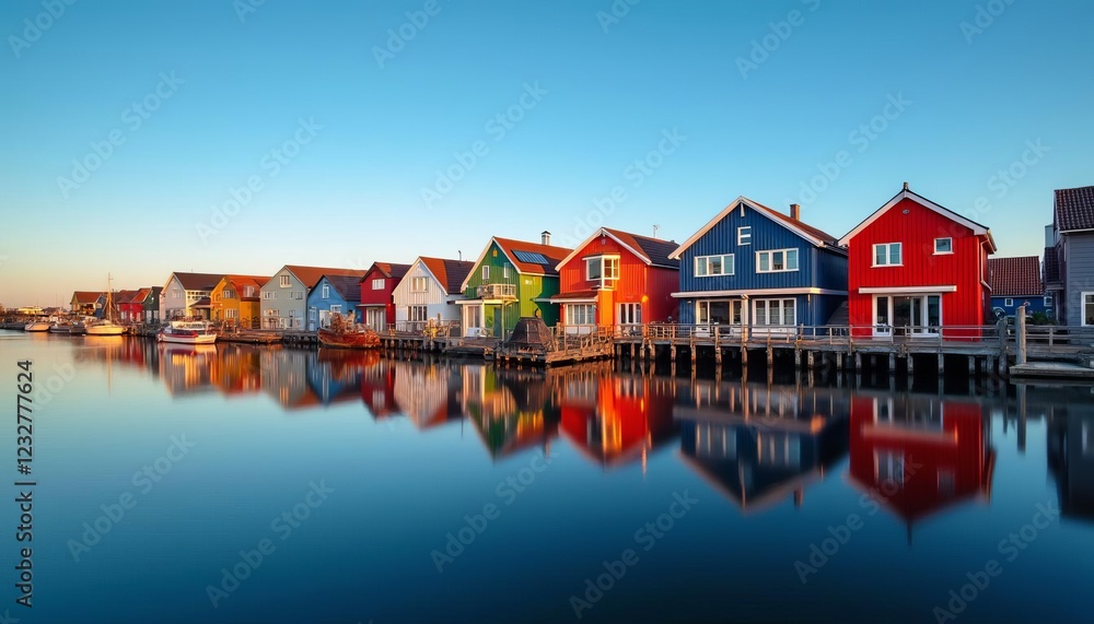Fototapeta premium Colorful waterfront houses, vibrant reflections, calm lake, sunset glow, Scandinavian architecture, tranquil scene, idyllic Groningen setting (