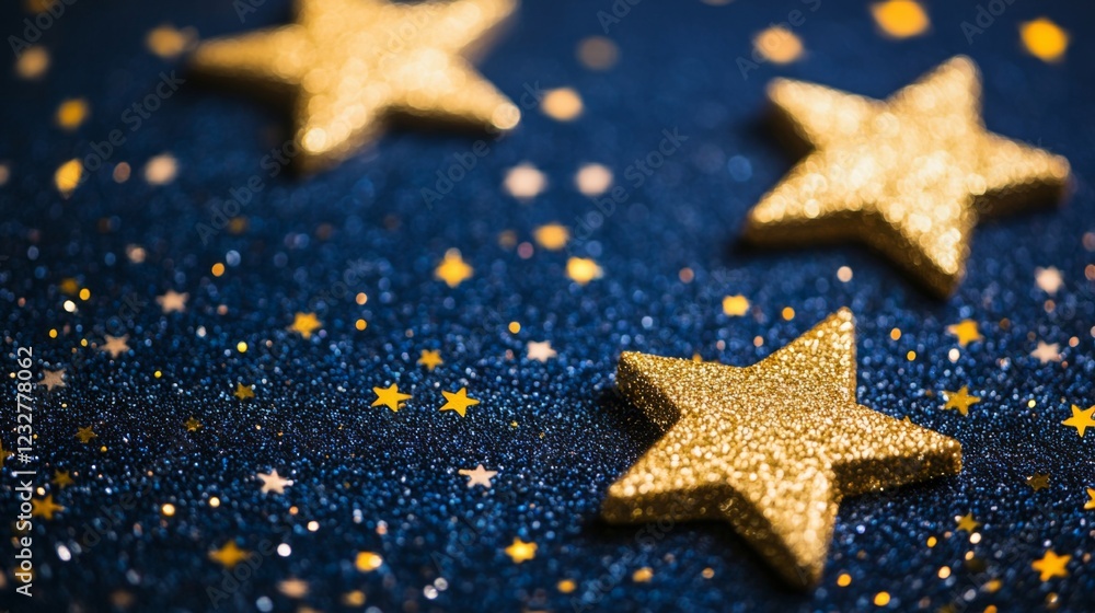 Golden Stars on a Dark Blue Glitter Background Golden Stars on a Dark Blue Glitter Background