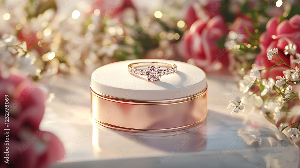 Elegant Customized Wedding Ring Displayed on Personalized Box Surrounded by Beautiful Flowers Elegant Customized Wedding Ring Displayed on Personalized Box Surrounded by Beautiful Flowers