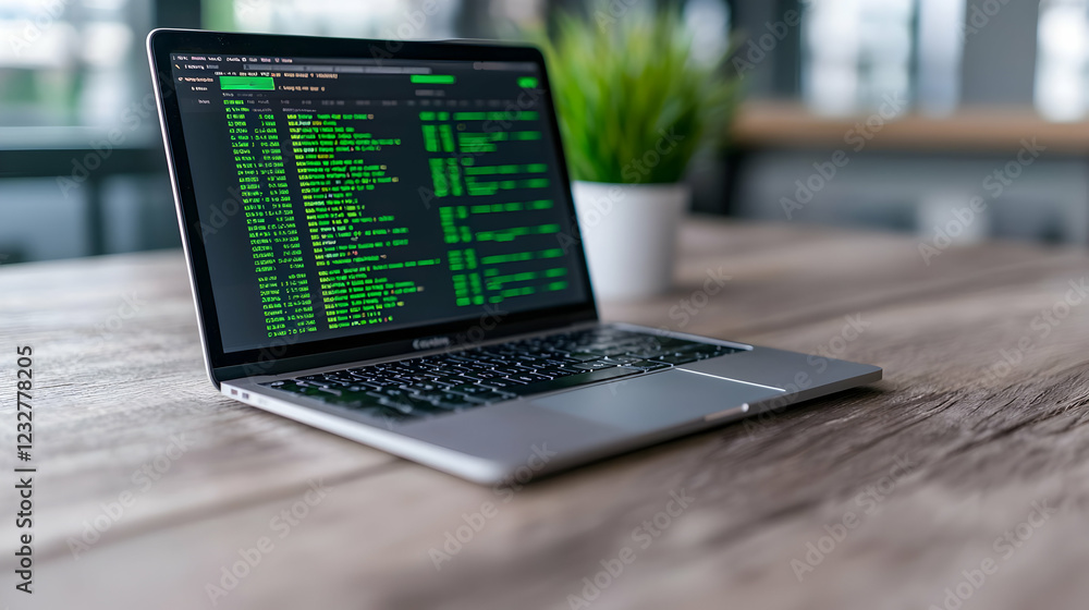 Laptop coding project, office desk, plant, technology Laptop coding project, office desk, plant, technology