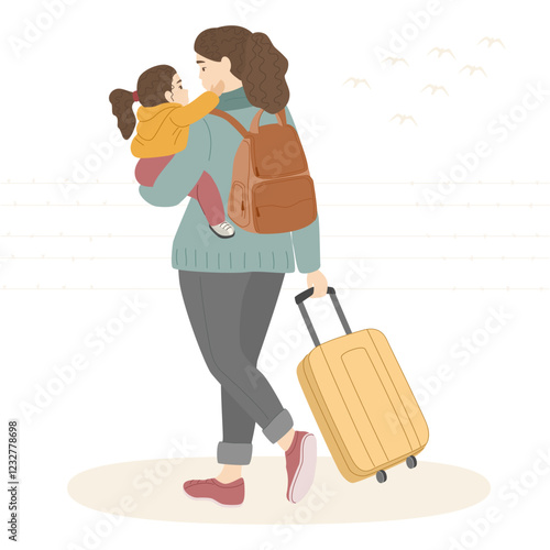 Vector illustration of a refugee mother carrying her child and pulling a yellow suitcase, symbolizing migration, resilience, and family unity during difficult times.