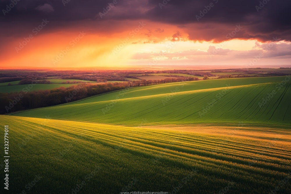 Obraz premium Breathtaking Sunset Over Rolling Green Hills and Dramatic Sky