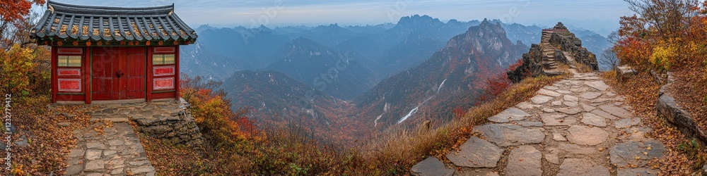 Scenic view of ancient Asian temple with traditional architecture in autumn mountain landscape on a stone path, surrounded by vivid fall foliage and misty peaks Scenic view of ancient Asian temple with traditional architecture in autumn mountain landscape on a stone path, surrounded by vivid fall foliage and misty peaks