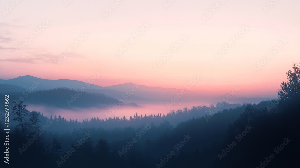 Soft Pastel Dawn Sky with First Light Over Serene Mountain Landscape Soft Pastel Dawn Sky with First Light Over Serene Mountain Landscape
