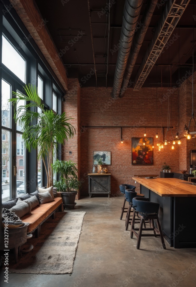 Fototapeta premium Cozy Industrial Loft Living Room with Brick Wall and Wood Floor