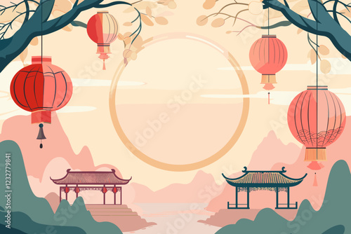 A festive illustration celebrating the Chinese New Year. The scene features traditional red lanterns hanging from tree branches, with Chinese-style pavilions set against a mountainous backdrop. 