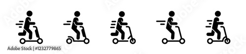 Man riding electric scooter. Electric scooter icon set. E-scooter icons. Man riding electric scooter silhouette. Electric kickscooter vector illustration. electric scooter vector icons