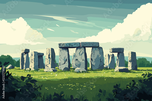 A serene landscape featuring Stonehenge, with rolling green fields and a partly cloudy sky. 