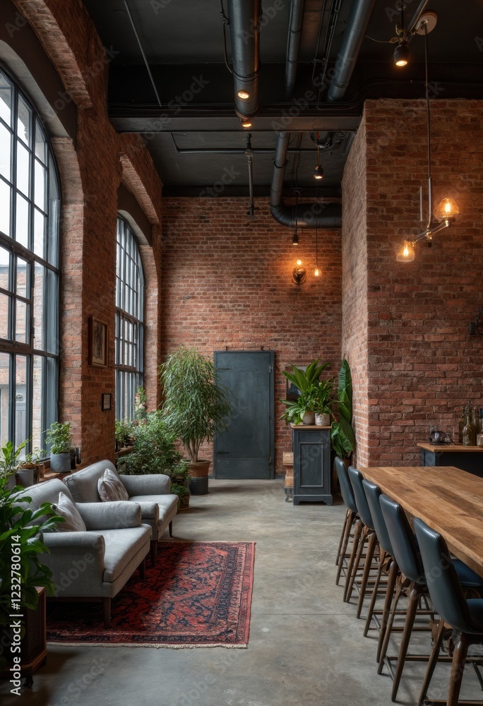 Fototapeta premium Industrial Style Living Room with Brick Wall and Large Windows