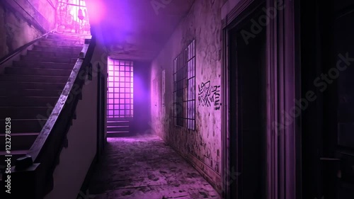 Eerie Purple Hallway in Abandoned Building