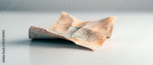 a crumpled map lies on a white surface, hinting at forgotten journeys or unexplored destinations.
