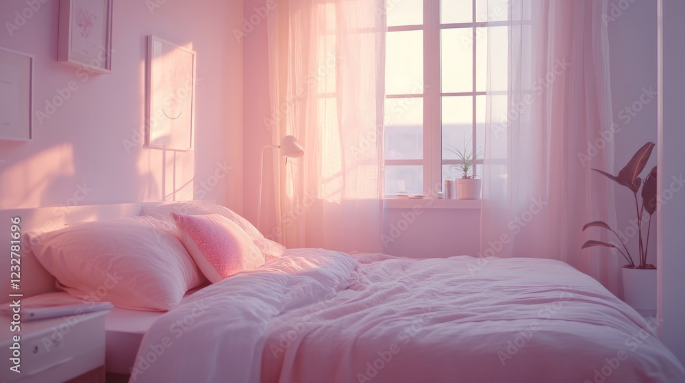 Obraz premium Cozy Bedroom with Soft Lighting and Delicate Pink Decor