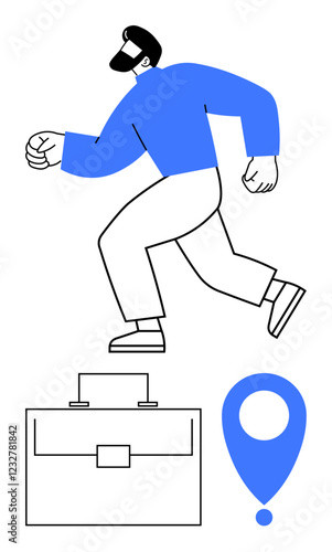 Man in motion, briefcase, and location pin underlining themes of work, ambition, and journey. Ideal for productivity, career, navigation, mobility determination business goals abstract line flat