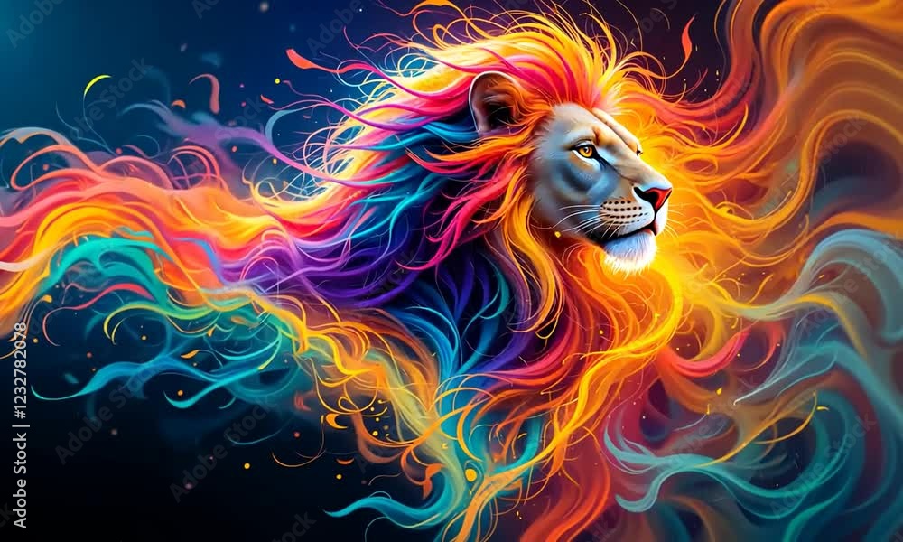A vibrant, abstract depiction of a lion with colorful, flowing flames A vibrant, abstract depiction of a lion with colorful, flowing flames