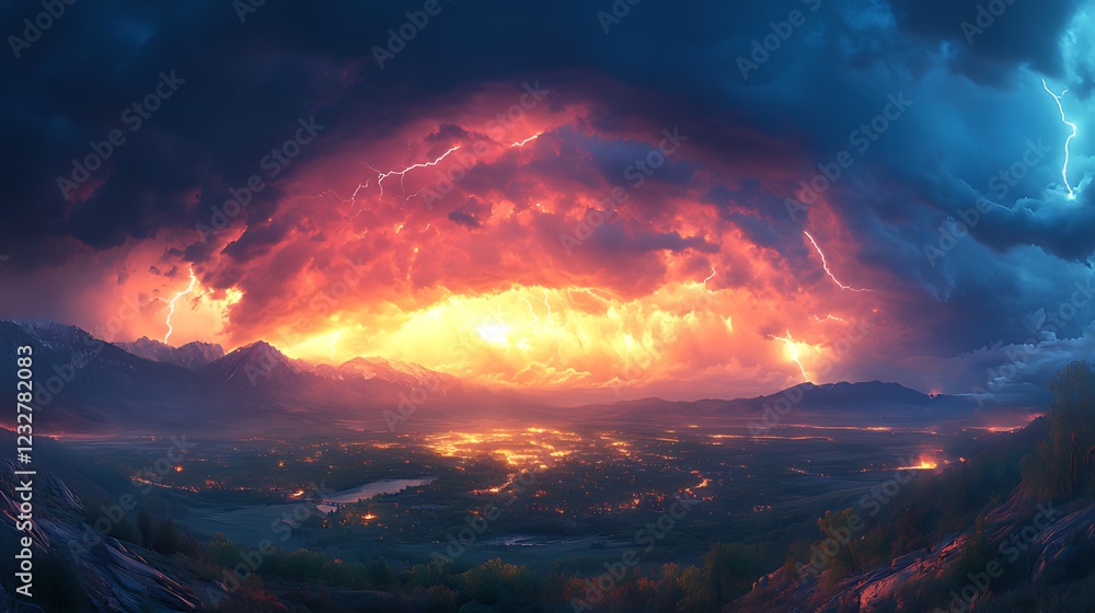 Fototapeta premium Fiery Storm Over Mountain Valley at Night