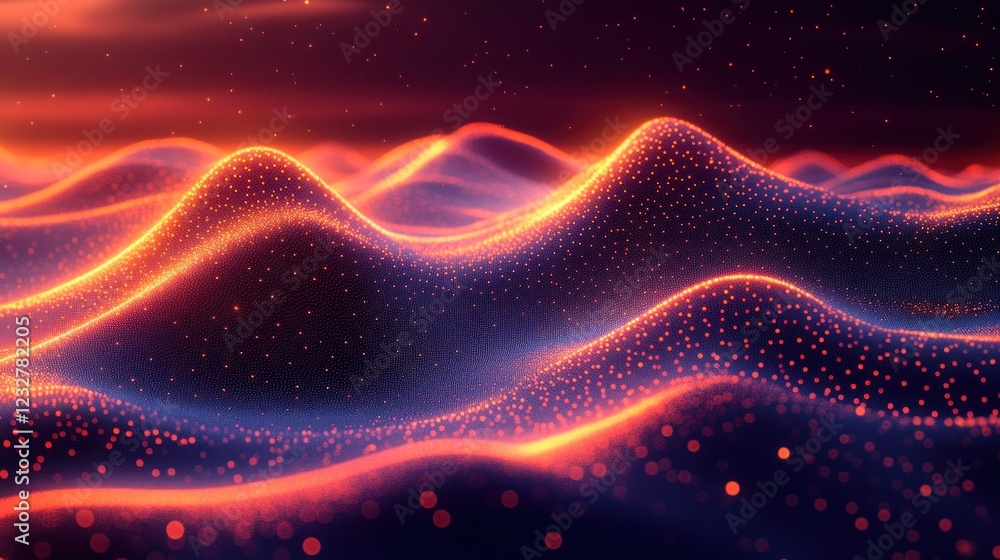 Abstract red and blue glowing particle wave landscape. Abstract red and blue glowing particle wave landscape.