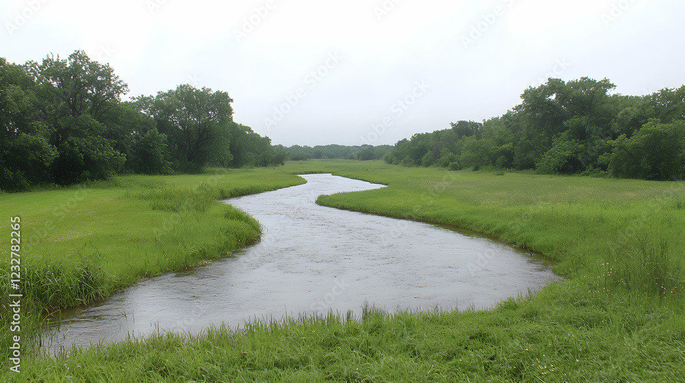 Serene river meandering through lush green meadows under a cloudy sky; idyllic nature scene for travel brochures Serene river meandering through lush green meadows under a cloudy sky; idyllic nature scene for travel brochures