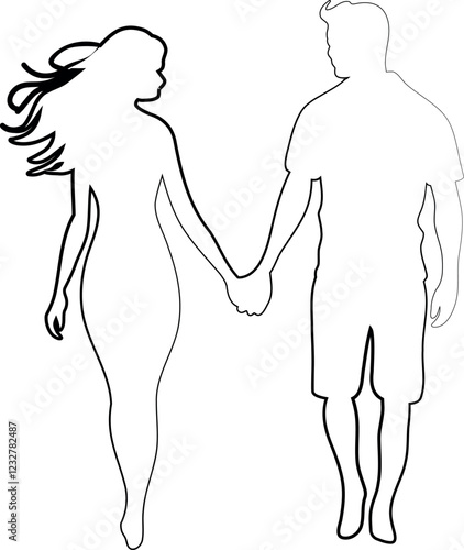 Couple holding hands while walking together. Contour drawing in black color. This silhouette style illustration conveys themes of love, companionship, romance and emotional connection, making it perfe