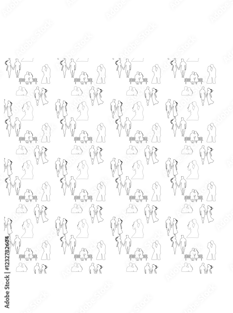 A backgroundof minimalistic black-and-white line art illustrations depicting romantic couples in various poses. The designs showcase couples holding hands, kissing, sitting on a bench, and gazing int A backgroundof minimalistic black-and-white line art illustrations depicting romantic couples in various poses. The designs showcase couples holding hands, kissing, sitting on a bench, and gazing int
