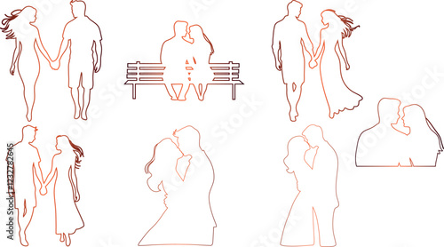 A collection of minimalistic black-and-white line art illustrations depicting romantic couples in various poses. The designs showcase couples holding hands, kissing, sitting on a bench, and gazing int