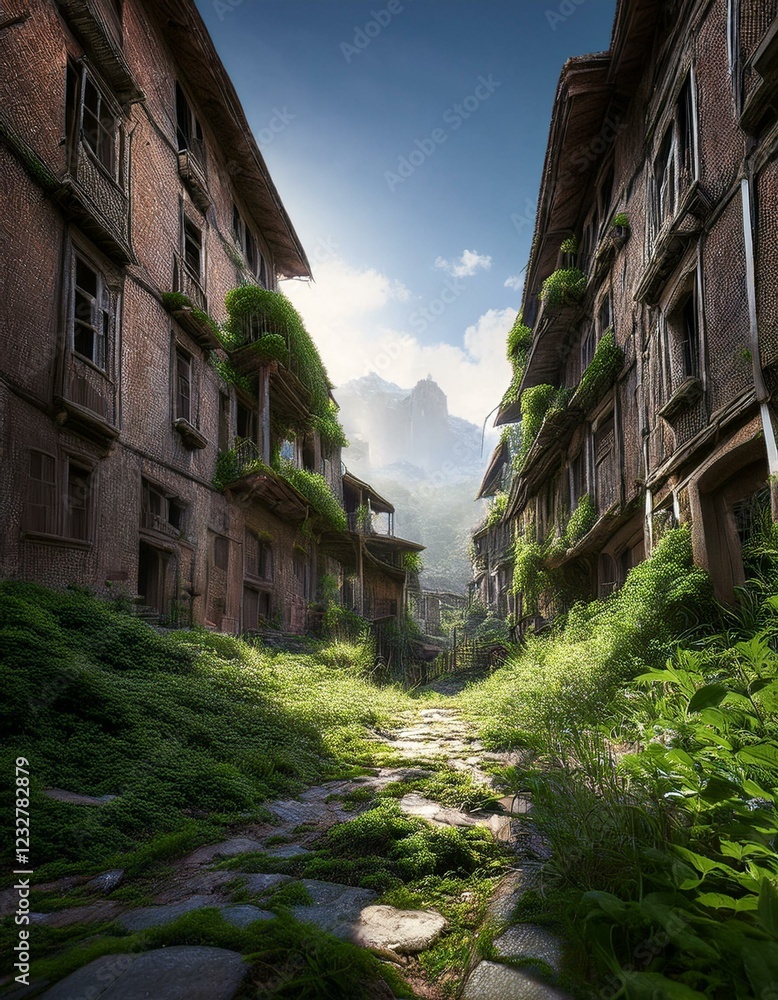 Pueblo abandonado, en la montaña cubierto de maleza por el paso del tiempo. Despoblación Pueblo abandonado, en la montaña cubierto de maleza por el paso del tiempo. Despoblación