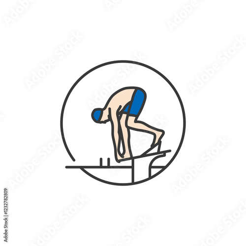 This is a sleek swimming icon, featuring a swimmer poised on a diving platform. The clean design captures the anticipation and thrill of the sport