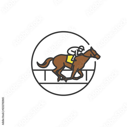 This sleek horse racing icon depicts a jockey on a galloping horse. The circular frame emphasizes speed and competition, capturing the excitement of the sport.