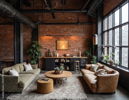 Wallpaper Mural Industrial Loft Living Room with Exposed Brick Wall and Natural Light Torontodigital.ca