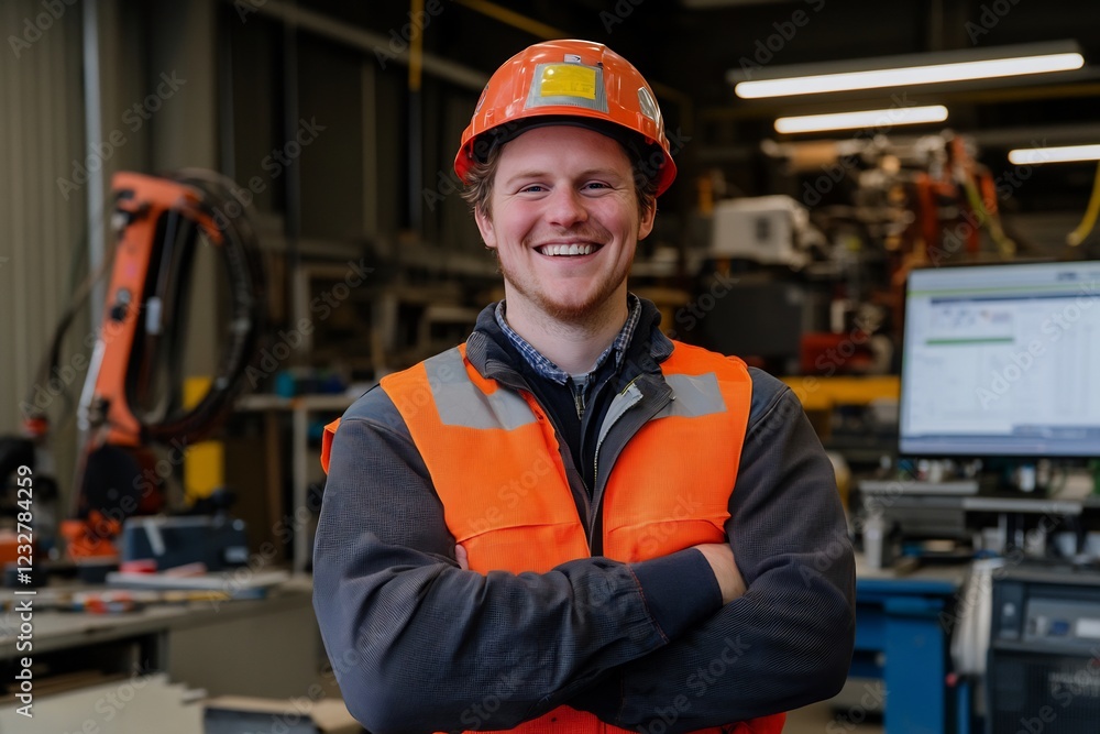 Smiling engineer in factory, robotic arms background, industrial portrait Smiling engineer in factory, robotic arms background, industrial portrait