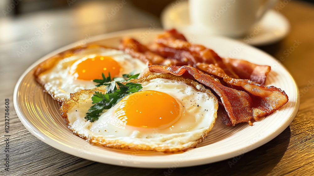A Hearty Breakfast Spread Featuring Fried Eggs And Crispy Bacon On A Dinner Plate, Restaurant Food Menu Image A Hearty Breakfast Spread Featuring Fried Eggs And Crispy Bacon On A Dinner Plate, Restaurant Food Menu Image