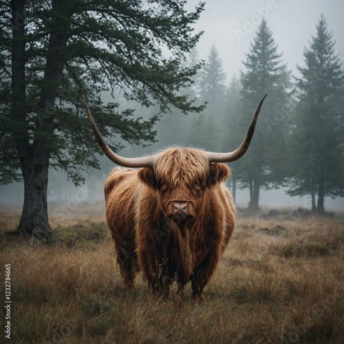 Highland Cow Grazing in a Misty Meadow. Scottish highland cow in winter. 