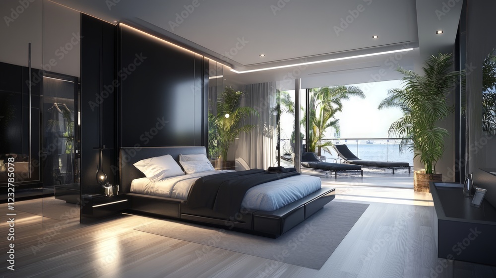 Fototapeta premium Modern Elegant Bedroom with Ocean View and Natural Light
