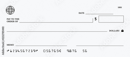 White Blank Bank check. Money cheque. Checkbook template with pattern and empty fields.
