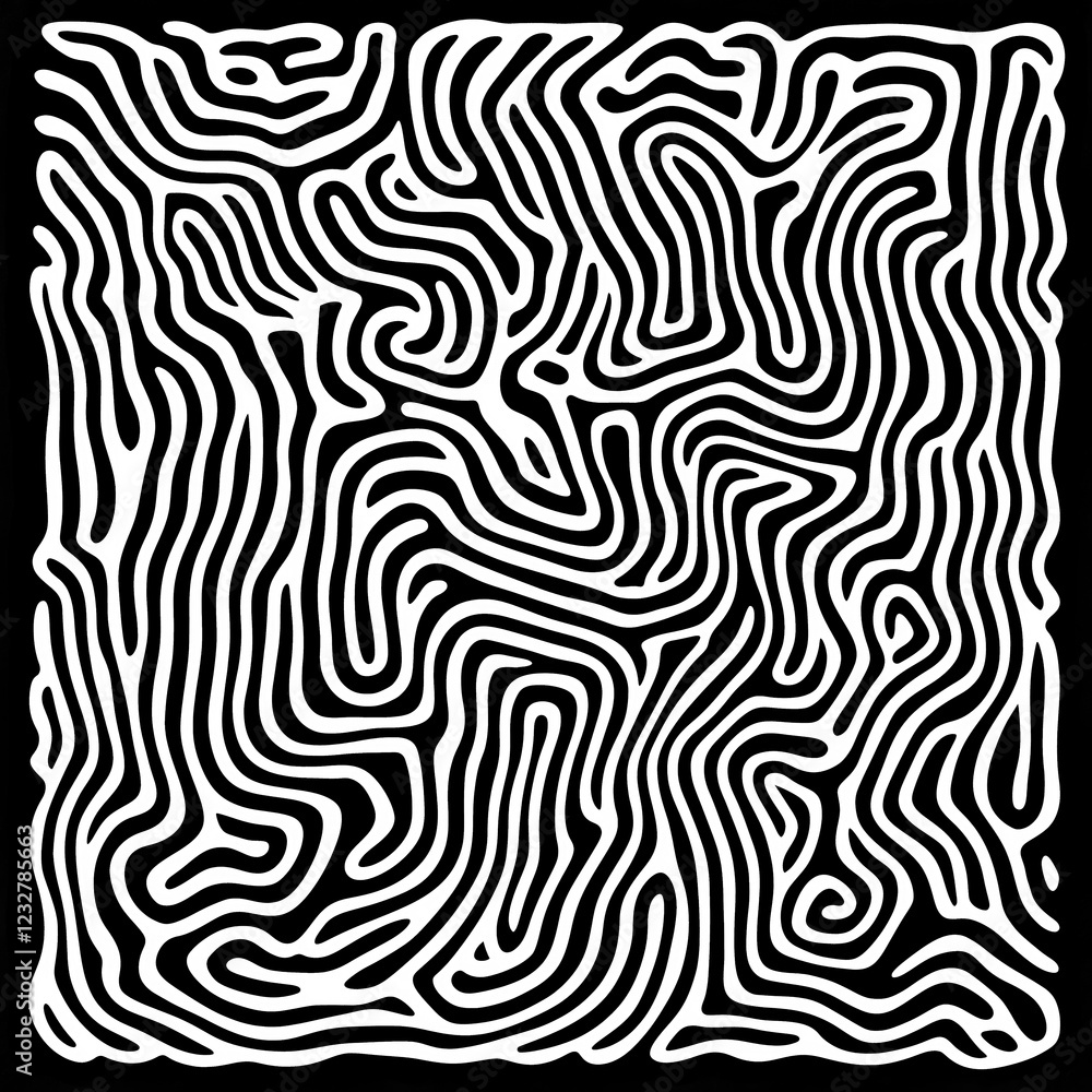 A complex black and white abstract pattern resembling a maze or organic lines, creating a modern and hypnotic optical illusion effect A complex black and white abstract pattern resembling a maze or organic lines, creating a modern and hypnotic optical illusion effect