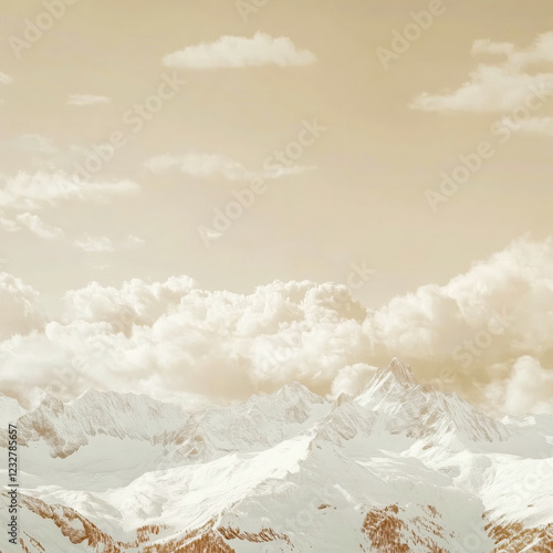 A scenic view of snow-covered mountain peaks under a cloudy sky, captured in a warm vintage tone, creating a nostalgic atmosphere