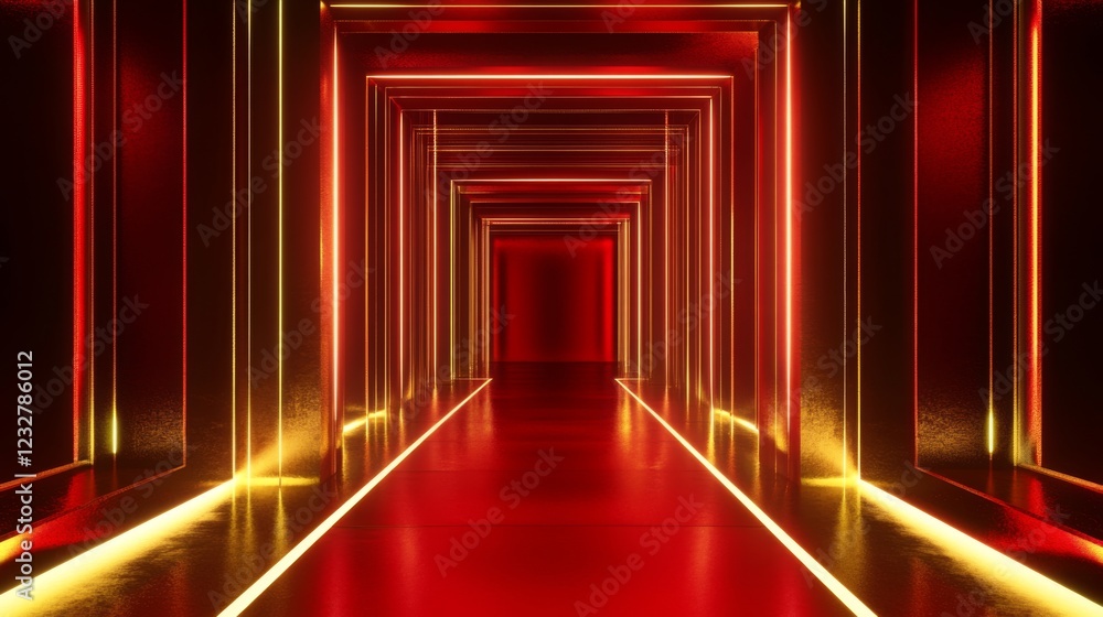Fototapeta premium Neon Red and Gold Corridor - Futuristic Architecture Design