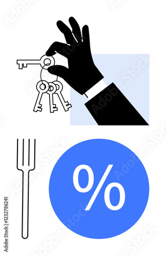 Black hand holding keys, black fork, blue circle with percentage sign, contrasting elements, minimalistic style. Ideal for real estate, finance, savings, loans interest rates renting minimalism