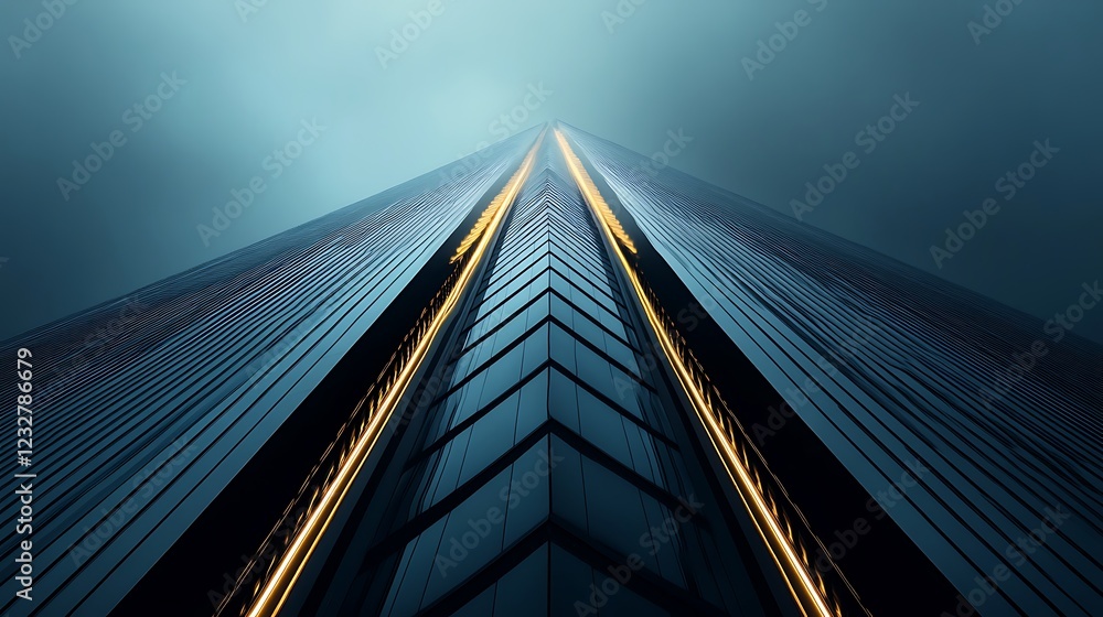 A futuristic tower with glowing vertical stripes and angular designs A futuristic tower with glowing vertical stripes and angular designs
