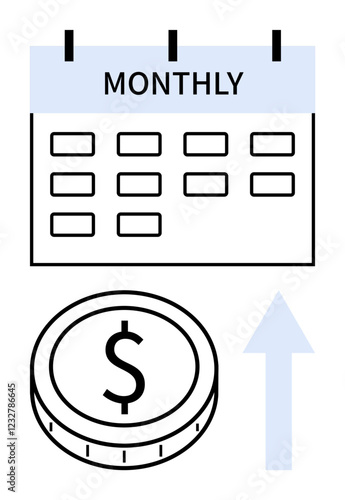 Monthly calendar, dollar coin, and upward arrow symbolize financial growth, recurring income, or budget planning. Ideal for finance, savings, investments, planning stability progress success