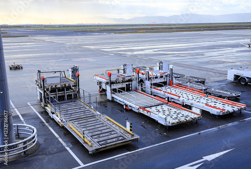 Obraz na płótnie Ground support equipment, Baggage Tug( baggage dolly transport ) standby for services in Apron near aircraft bay