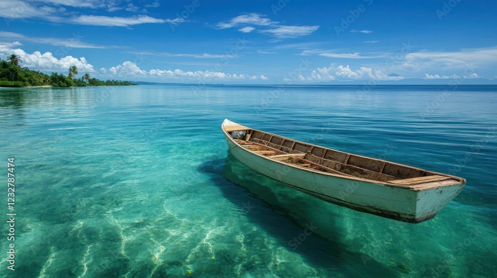 Naklejka premium Serene Tropical Boat in Crystal-Clear Waters