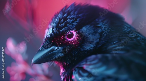 Neon-lit crow perched on branch, pink background, digital art, album cover photo