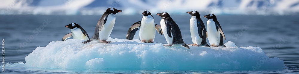 Fototapeta premium Penguins in Antarctica: Group of Penguins on Iceberg in Antarctic Ocean Captured in Stunning Wildlife Photography with Snowy Mountains in Background