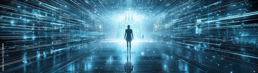 Futuristic digital landscape with a figure in glowing light. Futuristic digital landscape with a figure in glowing light.