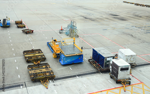 Fotografie Ground support equipment, Baggage Tug( baggage dolly transport ) standby for services in Apron near aircraft bay