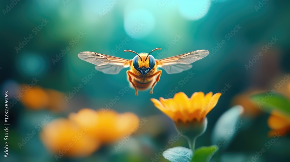 Fototapeta premium Bee approaching flower in garden, pollination, nature background, for environmental awareness