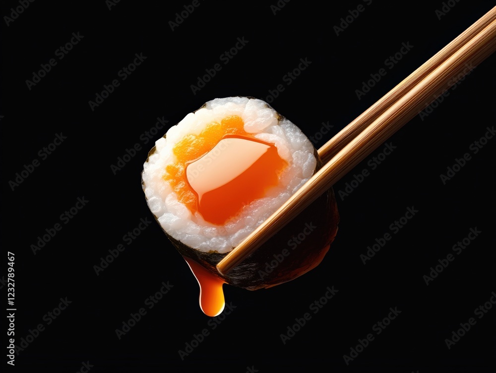 Close-up of delicious sushi with spicy sauce and chopsticks on a black background