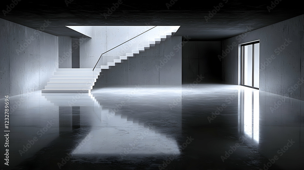 Obraz premium Modern concrete house interior, stairs, reflections, minimalist design, architecture visualization