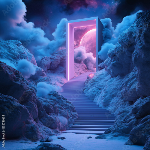 glowing portal amidst surreal clouds and stairs under cosmic sky