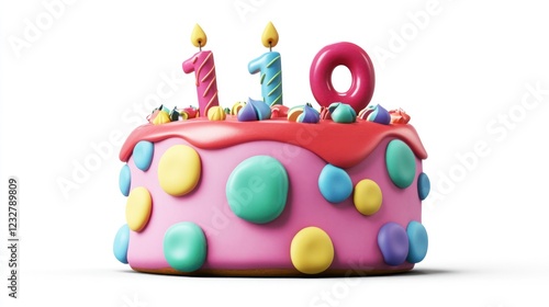 Pink cake with number candles celebrates a 110th birthday with colorful sprinkles on white backdrop photo